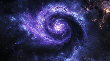 Spiral galaxy glowing purple in a dark starry sky, slowly rotating and zooming in, creating a 3D nebula animation perfect for meditation, relaxation music, and cosmic visualization experiences