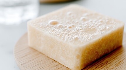 A close-up of a bubbly, textured soap bar resting on a wooden surface, with a hint of blurred liquid in the background.