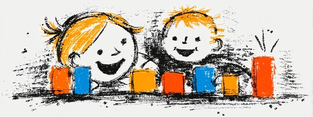 two cartoon characters with orange hair, smiling happily while holding colorful bars.