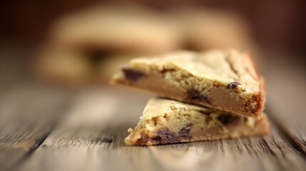 A close-up of delicious chocolate chip cookie bars stacked on a wooden surface, showcasing their rich texture and tempting chocolate chunks.