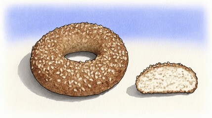A round sesame bagel with a slice cut out, showcasing its soft interior and textured crust against a light background.