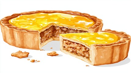 A delicious, illustrated pie with a golden topping, partially sliced to reveal a rich filling, garnished with crumbs, showcasing appetizing textures.