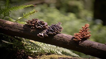 A serene scene featuring colorful mushrooms growing on a log, surrounded by lush green foliage in a peaceful forest setting.