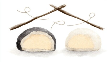 A minimalist illustration of two rice dumplings, one black and one white, displayed with crossed chopsticks.