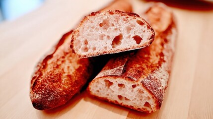 Freshly baked baguettes with a crispy crust and airy interior, perfect for sandwiches or enjoying with cheese.