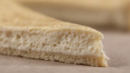 A close-up view of a slice of soft, creamy cheese, highlighting its smooth texture and pale color against a neutral background.