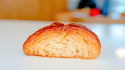 A freshly baked croissant, showcasing its flaky layers and golden brown crust, sits on a white surface, inviting indulgence.