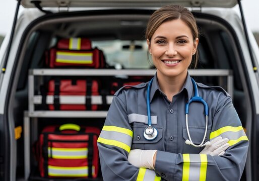 Confident female paramedic smiling in uniform with stethoscope by ambulance - Powered by Adobe