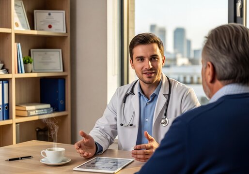 Male Doctor Explaining Medical Information Using Digital Tablet to Senior Patient During Consultation