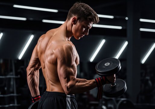 Powerful male bodybuilder flexing arm muscles with dumbbell workout - Powered by Adobe