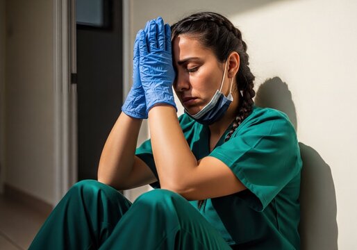 Female Healthcare Worker Experiencing Stress and Burnout After Long Hospital Shift