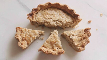 A freshly baked pie cut into pieces, showcasing a golden crust and a creamy filling on a marble surface.