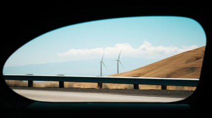 A view through a car window shows wind turbines on a hill, framed by the curved glass, with blue skies and distant mountains in the background.
