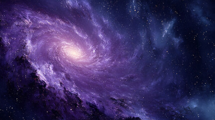 Spiral galaxy glowing purple in a dark starry sky, slowly rotating and zooming in, creating a 3D nebula animation perfect for meditation, relaxation music, and cosmic visualization experiences