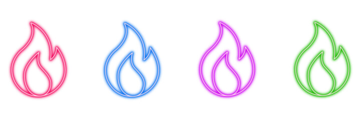 Neon glowing fire flame vector icons set, heat, energy, burning, warning, vibrant colorful digital design illustration on transparent background.
