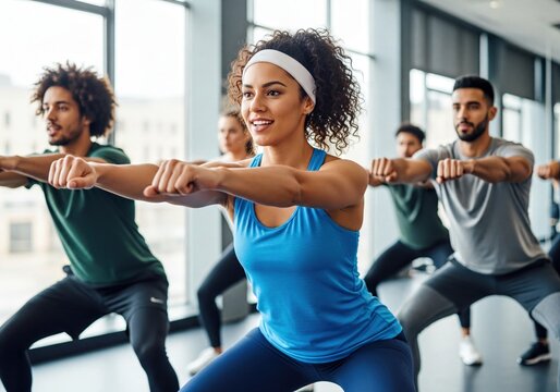 Diverse Group of People Doing Squats in a Modern Fitness Class at the Gym