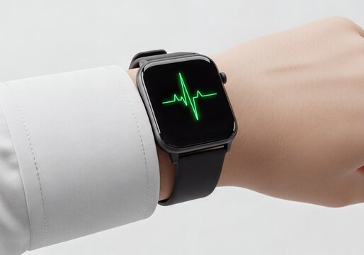 Smartwatch on wrist displaying green heart rate monitor for health tracking