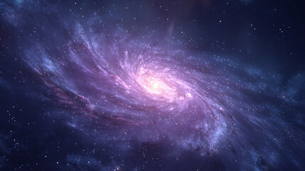 Spiral galaxy glowing purple in a dark starry sky, slowly rotating and zooming in, creating a 3D nebula animation perfect for meditation, relaxation music, and cosmic visualization experiences