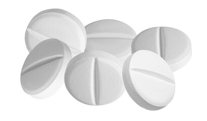group of six round white medical pills or tablets, scored in the center, photographed in a close-up arrangement on black.
