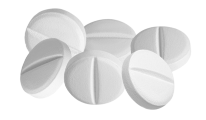 group of six round white medical pills or tablets, scored in the center, photographed in a close-up arrangement on black.