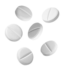 six white round scored medicine pills isolated on a pure transparent background, floating in mid-air, representing pharmaceuticals, healthcare, and medication relief.