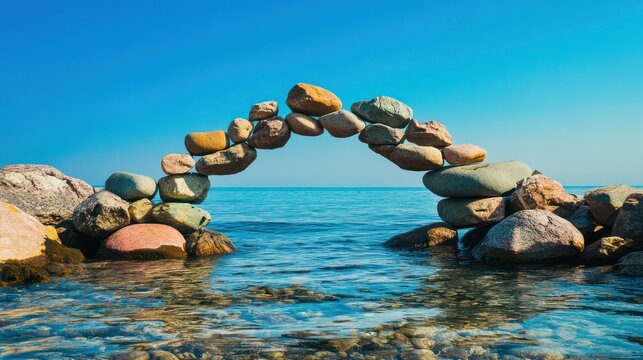 a zen archway crafted from stones creates a serene passage over the tranquil water, blending nature and human intention beautifully
