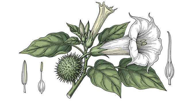 Detailed botanical illustration of a poisonous datura stramonium plant, showing its flower, spiky fruit, and dissected floral parts.