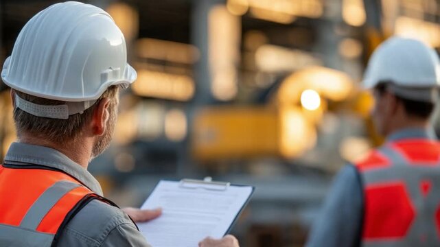 Construction Inspection: Focused view of construction workers in hardhats and reflective vests engaged in a thorough inspection of a construction site. 
