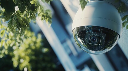 spherical surveillance camera, a vigilant guardian overseeing a property with green foliage and architectural elements in a modern setting