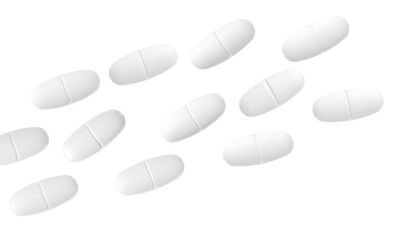 white oblong scored tablets arranged diagonally in a flow pattern against a solid transparent background, symbolizing prescription drugs, medical treatment pathways, and pharmaceutical flow.
