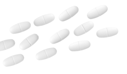white oblong scored tablets arranged diagonally in a flow pattern against a solid transparent background, symbolizing prescription drugs, medical treatment pathways, and pharmaceutical flow.