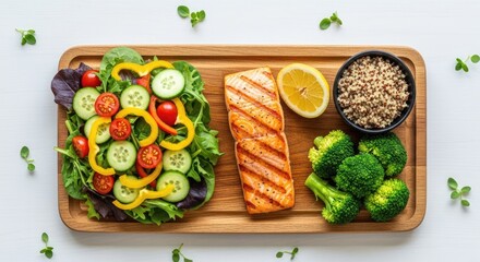 A wooden tray with a grilled salmon fillet, a bowl of quinoa, and a salad of mixed vegetables on a white background.