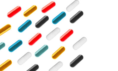 abstract background illustration featuring a repeating, organized pattern of various brightly colored medical capsules and pills.