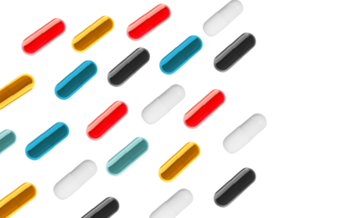 abstract background illustration featuring a repeating, organized pattern of various brightly colored medical capsules and pills.