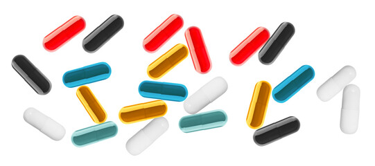 realistic 3d rendering of various colorful medical capsules scattered randomly across a solid...