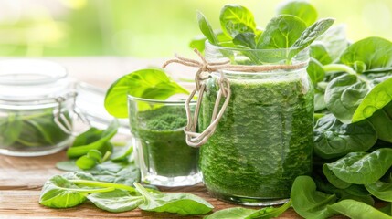 Fresh Green Spinach in Glass Jar and Bowl on Wooden Surface with Leaves Natural Light