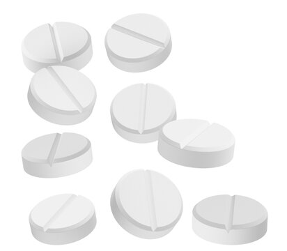realistic illustration of multiple white round tablets or pills scattered randomly against a solid transparent background for medical concepts.
