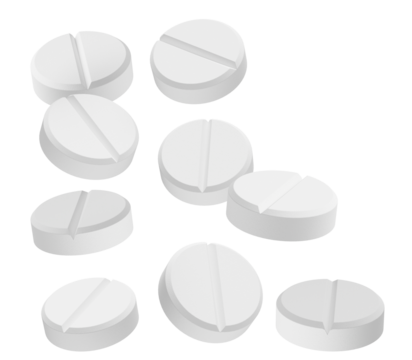 realistic illustration of multiple white round tablets or pills scattered randomly against a solid transparent background for medical concepts.