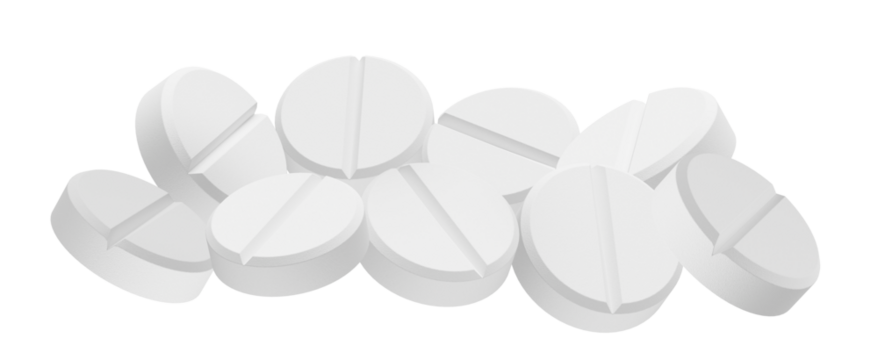 isolated photograph of a small pile or heap of white round medical tablets stacked together on a clean black surface.