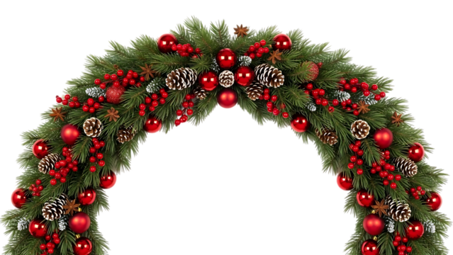 Festive christmas archway garland with ornaments and pinecones isolated on transparent background
