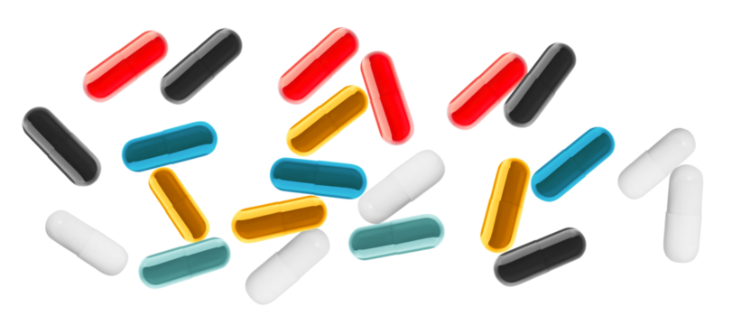 realistic 3d rendering of various colorful medical capsules scattered randomly across a solid transparent background for pharmacy themes.