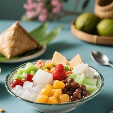 4k high quality Ai generative HD photo realistic menu selling eat food healthy dessert traditional fruit Indonesia Chinese ice mix es puter dawet nangka campur milk serut ice cream strawberry mango