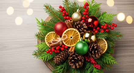 Christmas wreath with pine cones, berries, and ornaments on a wooden table.