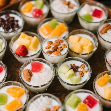 4k high quality Ai generative HD photo realistic menu selling eat food healthy dessert traditional fruit Indonesia Chinese ice mix es puter dawet nangka campur milk serut ice cream glass bowl