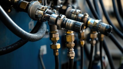 industrial hydraulics with metallic connectors and black hoses, showcasing intricate machinery components, close-up view
