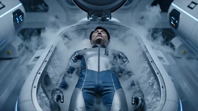 Cryogenic Sleep Chamber Scene with Astronaut in Futuristic Spacecraft.