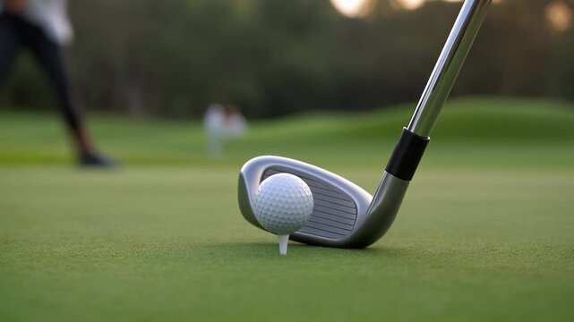 closeup golf club slowly approaching the ball on tee on green grass