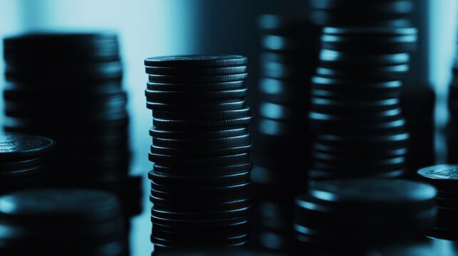 monochrome money: a captivating composition of stacked coins evoking themes of finance, wealth accumulation, and economic growth strategies