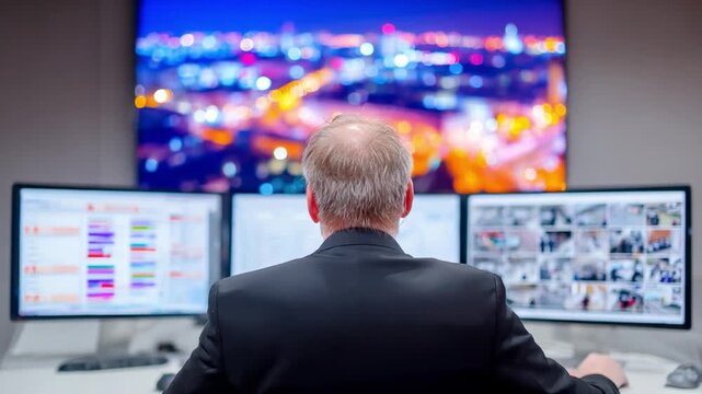 Visionary Surveillance: An individual, deeply focused, monitors multiple screens in a command center, overseeing the city's intricate network with unwavering attention.