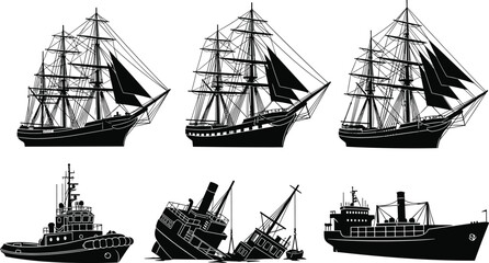 Detailed ship silhouette collection featuring vintage sailing vessels, tugboats, cargo ships, and wrecked boats, ideal for maritime vector illustration projects, nautical design themes,  © Abida